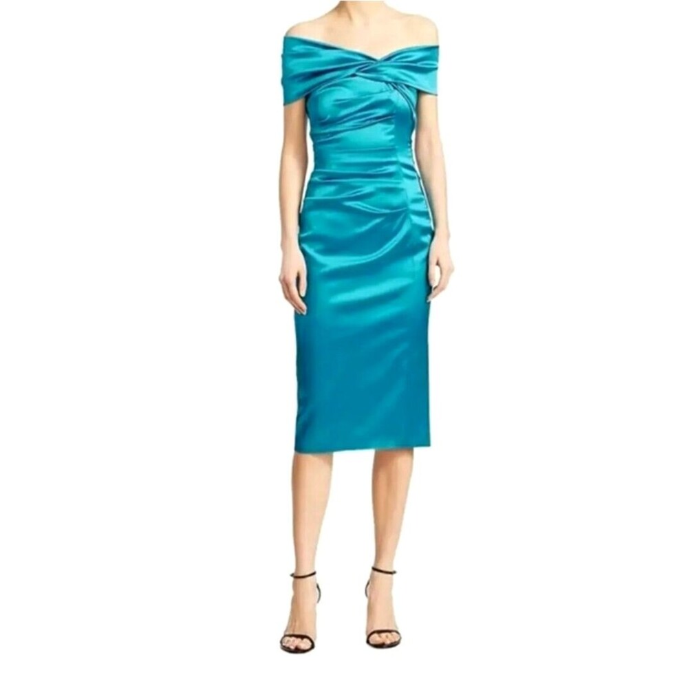 Talbot Runhof Satin Duchess Cocktail Dress Size 4 34 Women Blue Ruched Satin